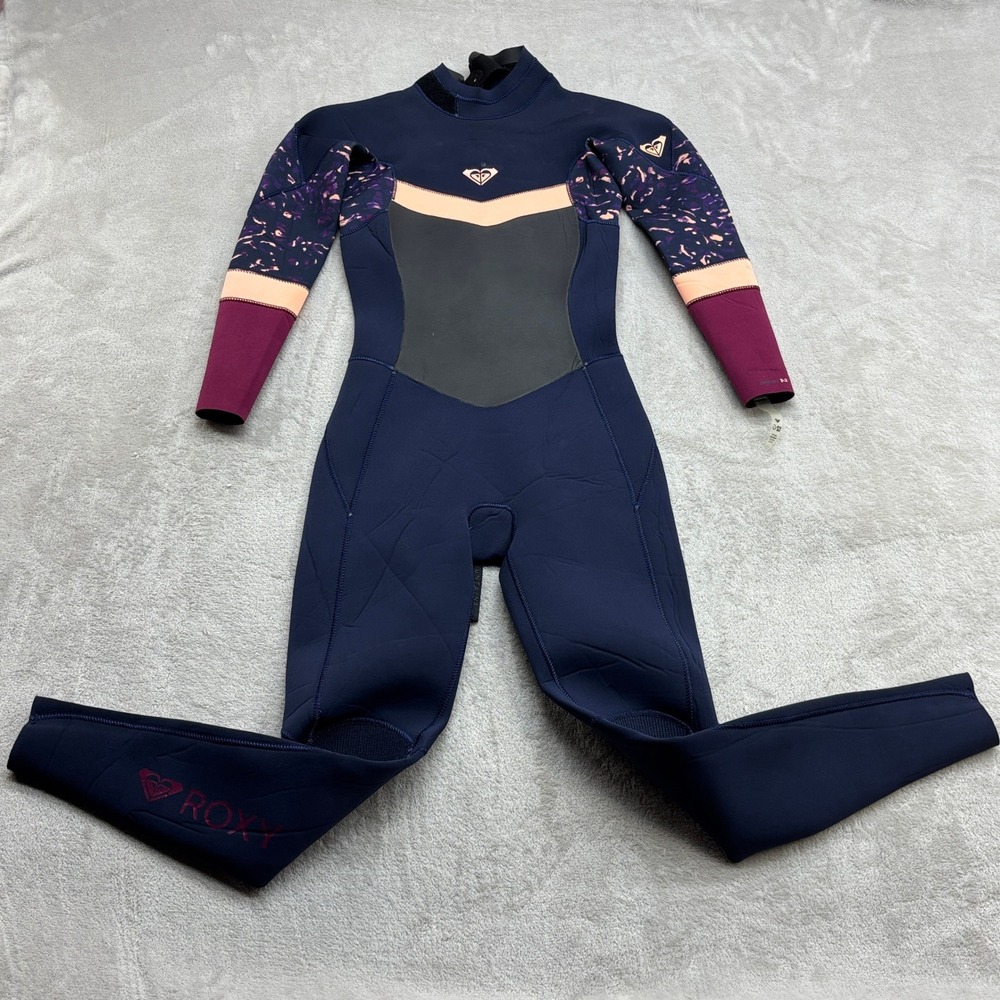 Roxy Wetsuit Womens 12G Navy Purple Warmflight Full Body Back Zip Long Sleeve